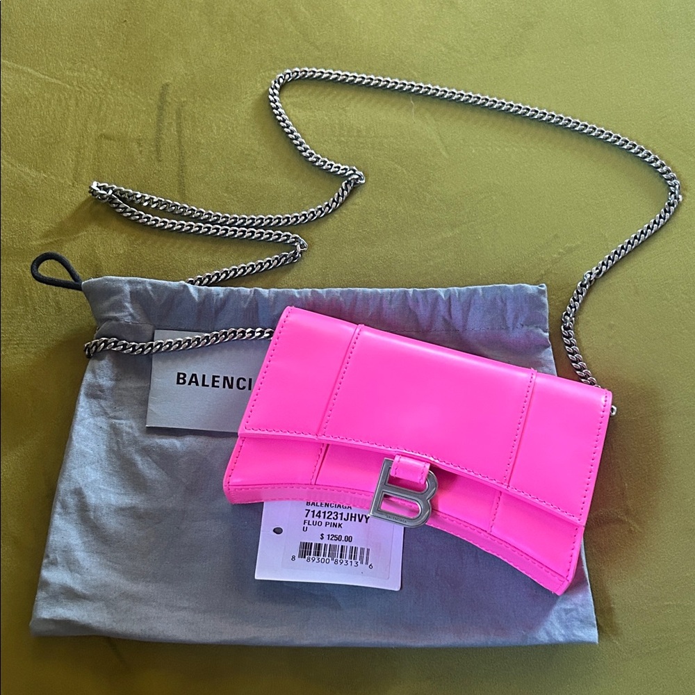 Balenciaga Neon Pink Clutch with Chain